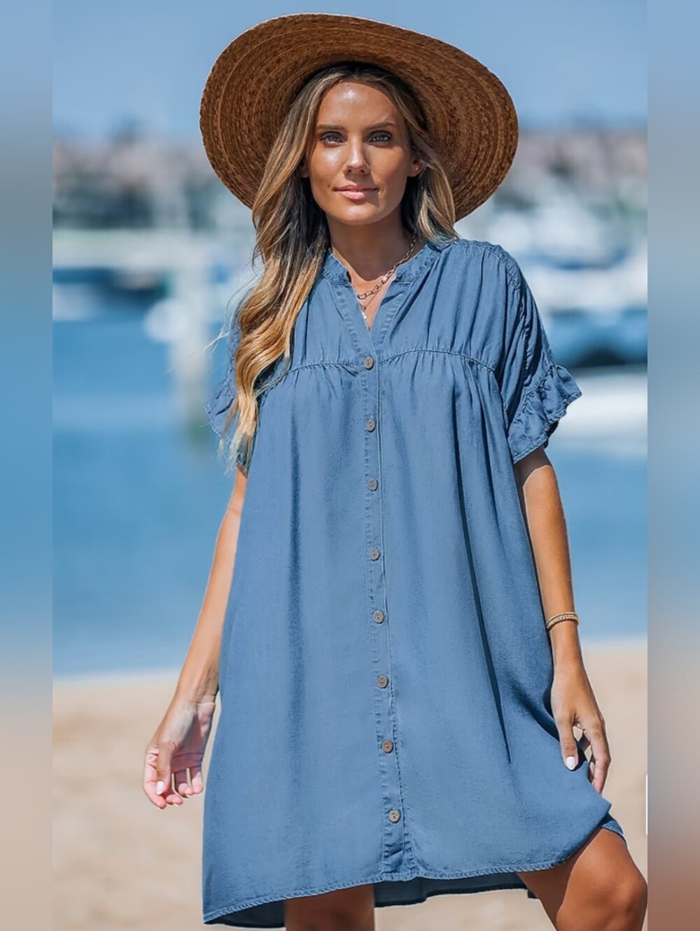 Cupshe Blue Button-Front Short Sleeve Beach Dress